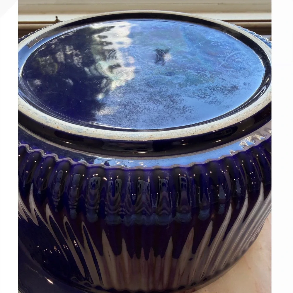 VTG Roshco Cobalt Blue Ribbed Ceramic Casserole Dish 2 Quart Hand Painted Baker